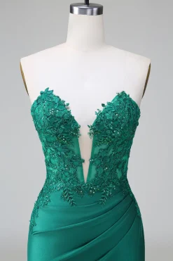 Verde escuro Deep V Neck Applique Cetim Mini Vestido Homecoming
