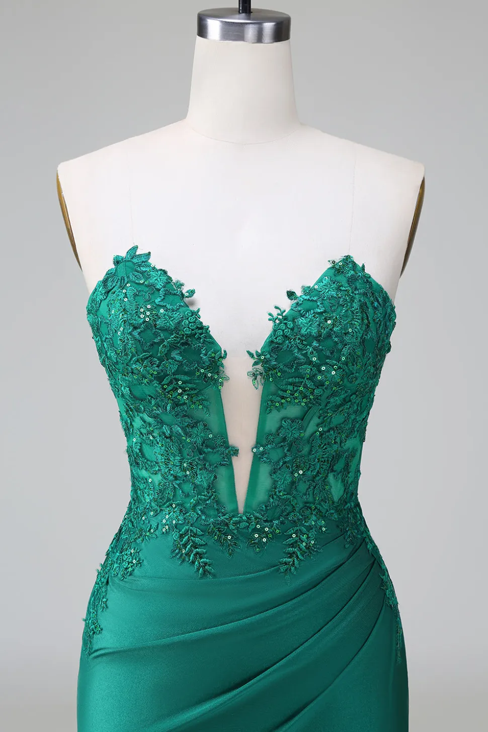 Verde escuro Deep V Neck Applique Cetim Mini Vestido Homecoming
