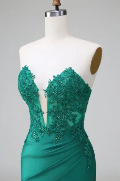 Verde escuro Deep V Neck Applique Cetim Mini Vestido Homecoming