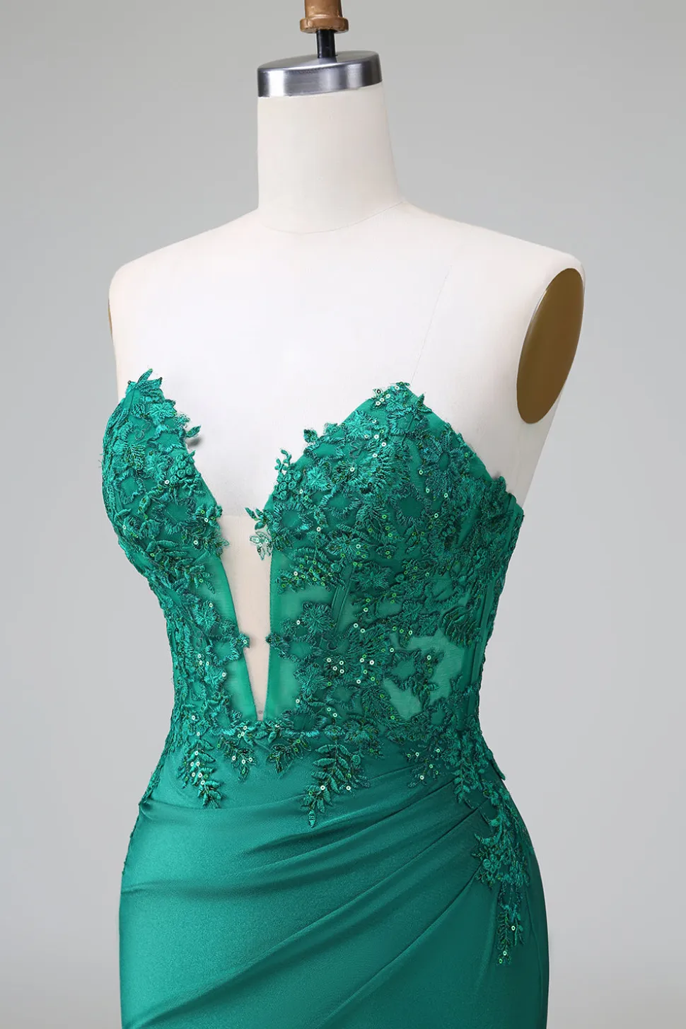 Verde escuro Deep V Neck Applique Cetim Mini Vestido Homecoming