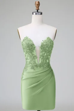 Verde escuro Deep V Neck Applique Cetim Mini Vestido Homecoming