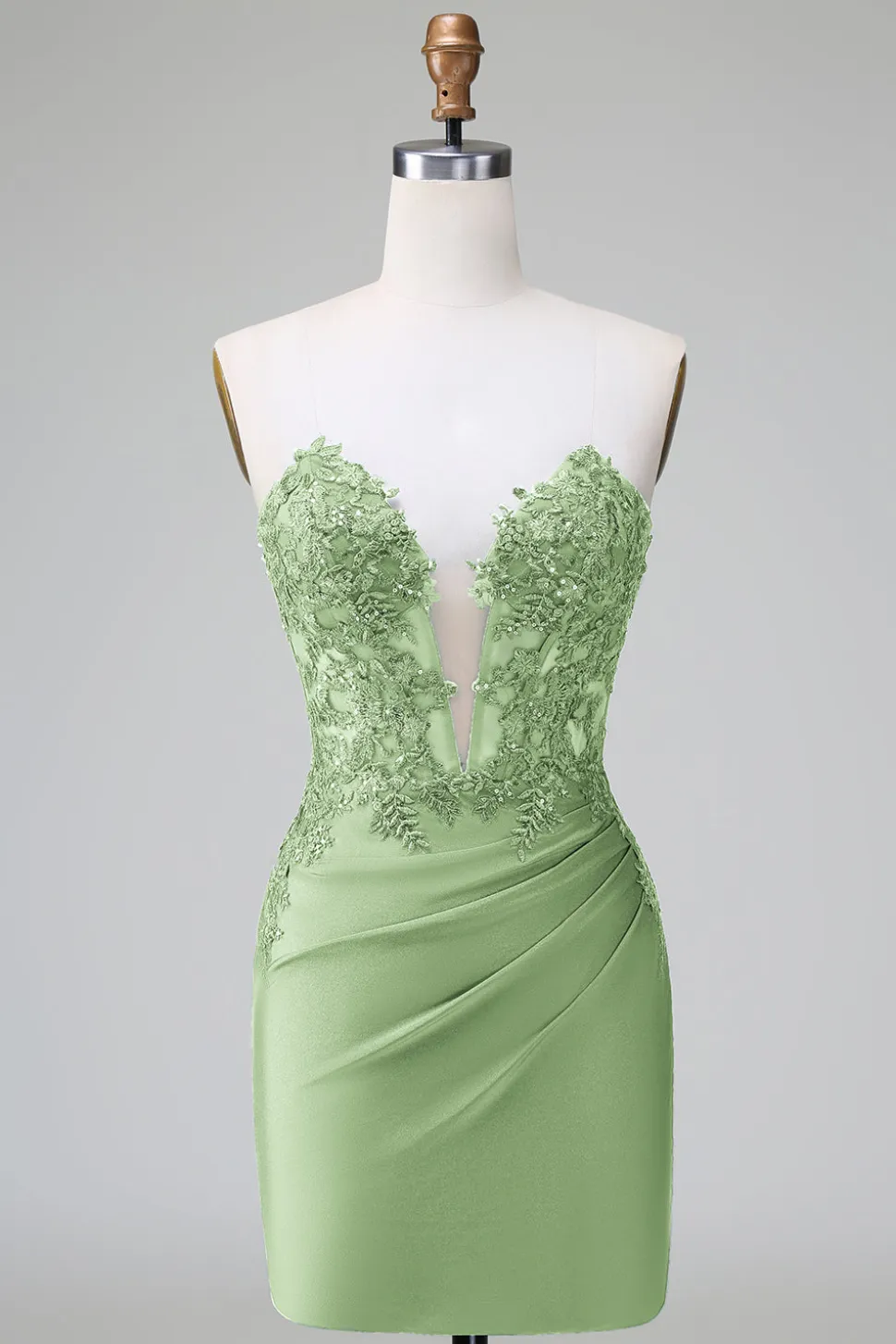 Verde escuro Deep V Neck Applique Cetim Mini Vestido Homecoming