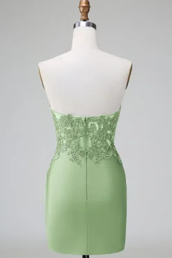 Verde escuro Deep V Neck Applique Cetim Mini Vestido Homecoming