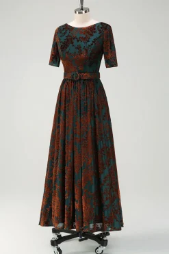 verde escuro floral veludo mãe do vestido de noiva com cinto