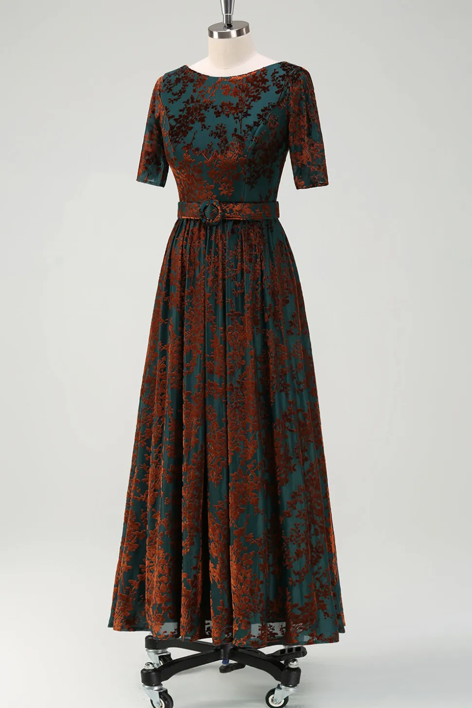 verde escuro floral veludo mãe do vestido de noiva com cinto