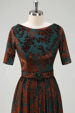 verde escuro floral veludo mãe do vestido de noiva com cinto