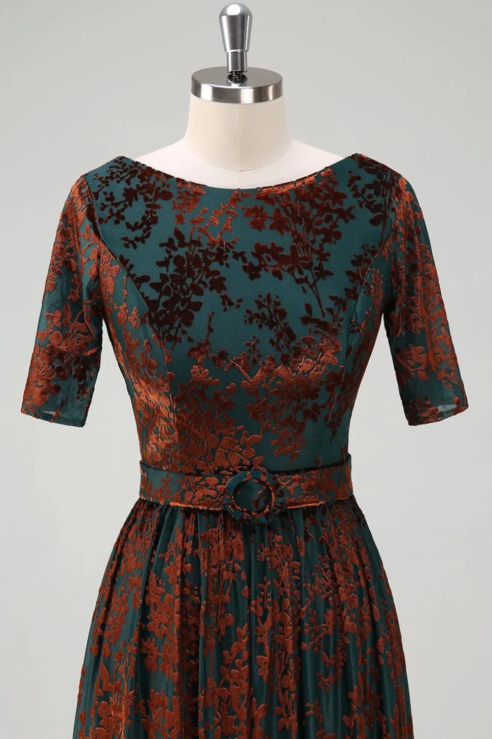 verde escuro floral veludo mãe do vestido de noiva com cinto