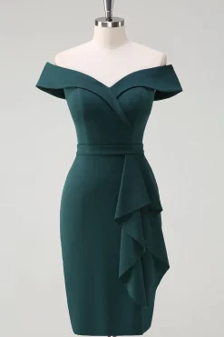 Verde escuro fora do ombro babado bodycon cocktail party dress