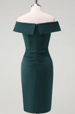 Verde escuro fora do ombro babado bodycon cocktail party dress