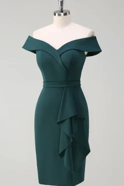 Verde escuro fora do ombro babado bodycon cocktail party dress