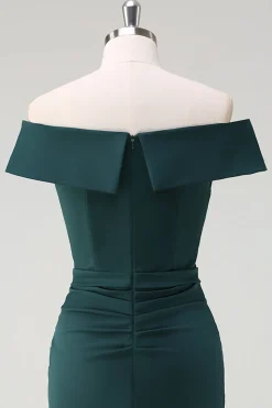 Verde escuro fora do ombro babado bodycon cocktail party dress