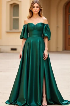 Verde escuro fora do ombro Puff mangas longo vestido de baile de cetim com fenda