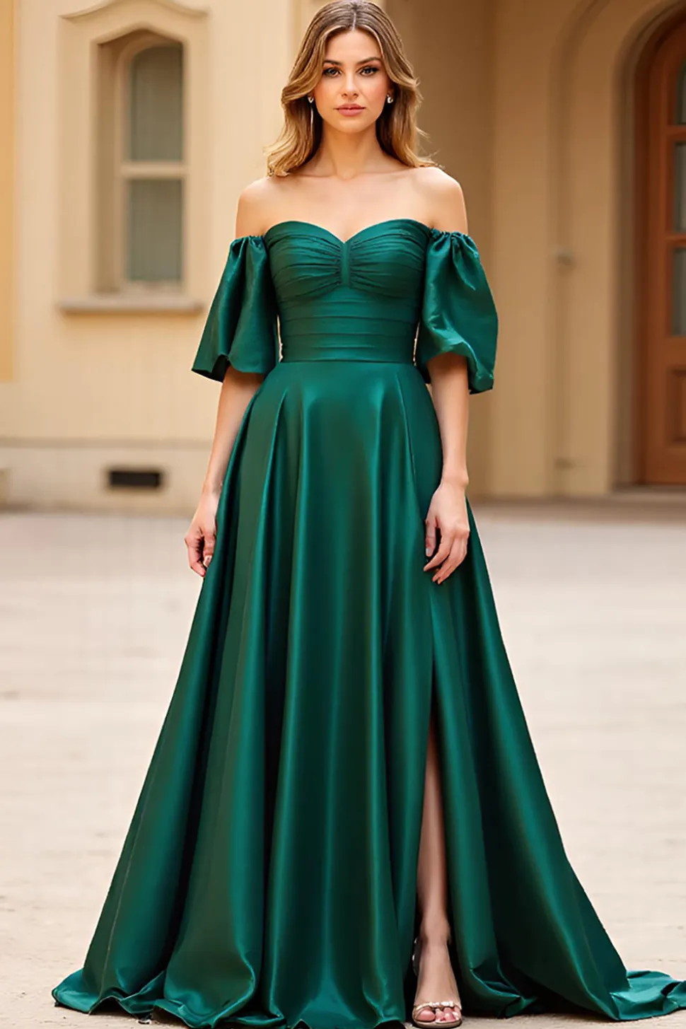 Verde escuro fora do ombro Puff mangas longo vestido de baile de cetim com fenda