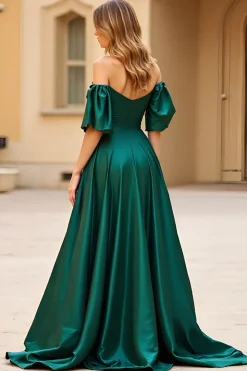 Verde escuro fora do ombro Puff mangas longo vestido de baile de cetim com fenda