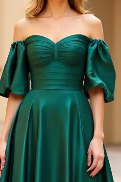 Verde escuro fora do ombro Puff mangas longo vestido de baile de cetim com fenda