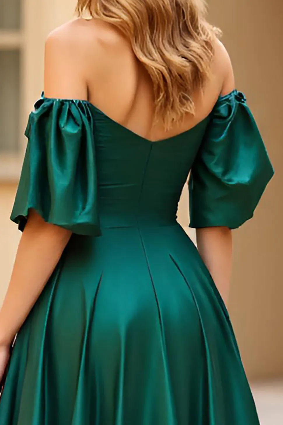 Verde escuro fora do ombro Puff mangas longo vestido de baile de cetim com fenda