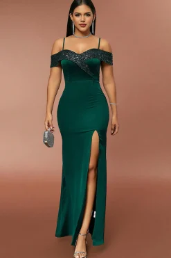 Verde escuro fora do ombro brilhante vestido de baile com fenda