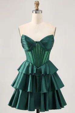Verde escuro frisado A-line Strapless Corset Homecoming Dress