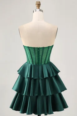 Verde escuro frisado A-line Strapless Corset Homecoming Dress