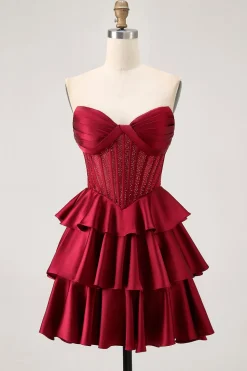Verde escuro frisado A-line Strapless Corset Homecoming Dress