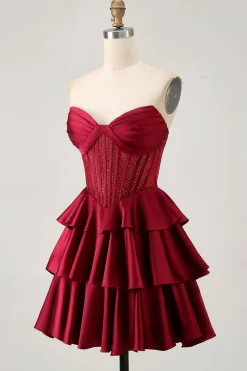 Verde escuro frisado A-line Strapless Corset Homecoming Dress