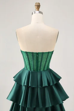 Verde escuro frisado A-line Strapless Corset Homecoming Dress