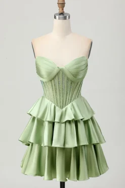 Verde escuro frisado A-line Strapless Corset Homecoming Dress