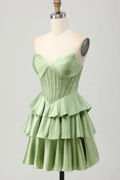 Verde escuro frisado A-line Strapless Corset Homecoming Dress