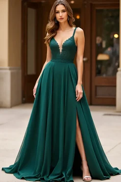 Verde Escuro Linha-A Alças Finas Longo Vestido de Baile com Fenda