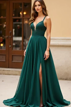 Verde Escuro Linha-A Alças Finas Longo Vestido de Baile com Fenda