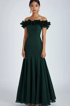 Verde Escuro Linha-A Sem Ombros Longos Vestido Cerimónia