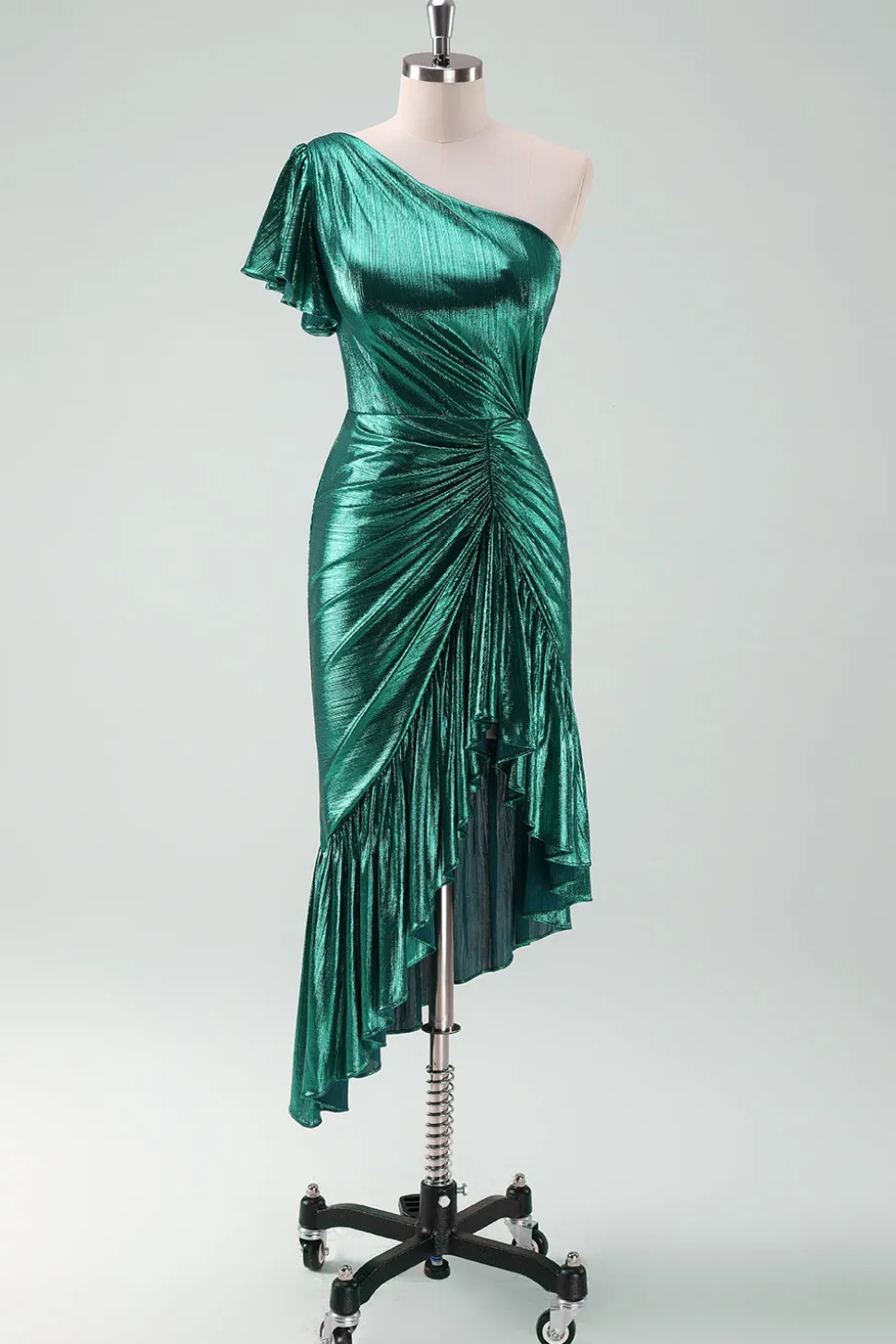 Verde escuro metálico um ombro sereia vestido de cocktail com babados