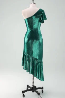 Verde escuro metálico um ombro sereia vestido de cocktail com babados