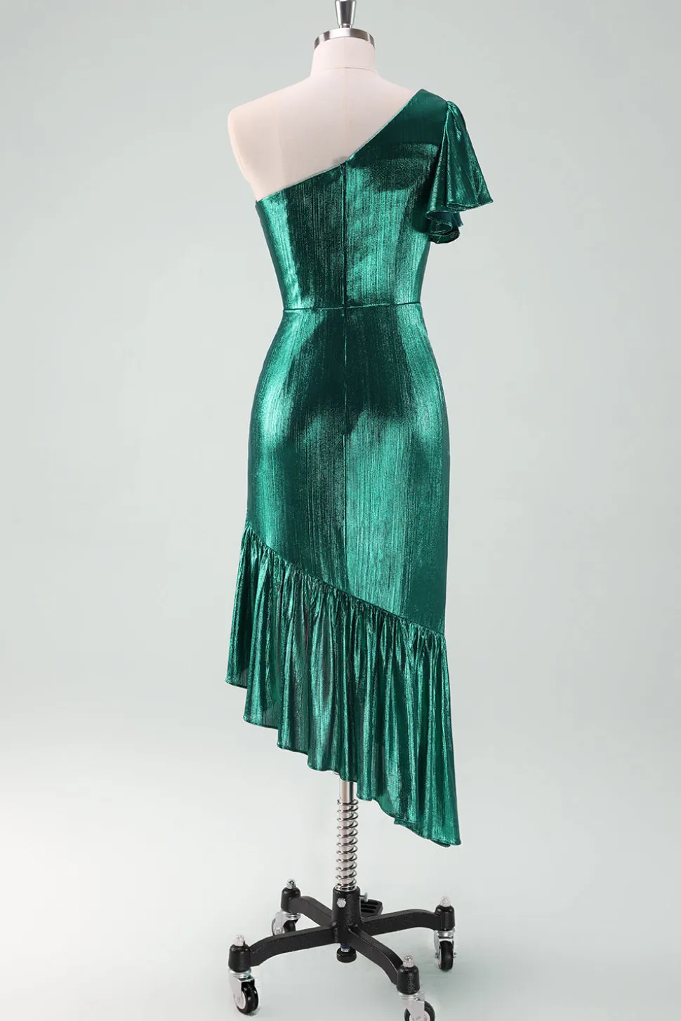 Verde escuro metálico um ombro sereia vestido de cocktail com babados