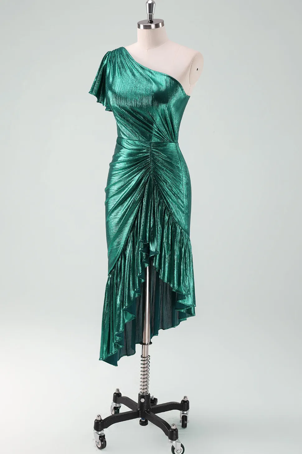 Verde escuro metálico um ombro sereia vestido de cocktail com babados