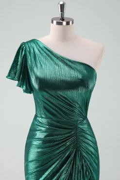 Verde escuro metálico um ombro sereia vestido de cocktail com babados