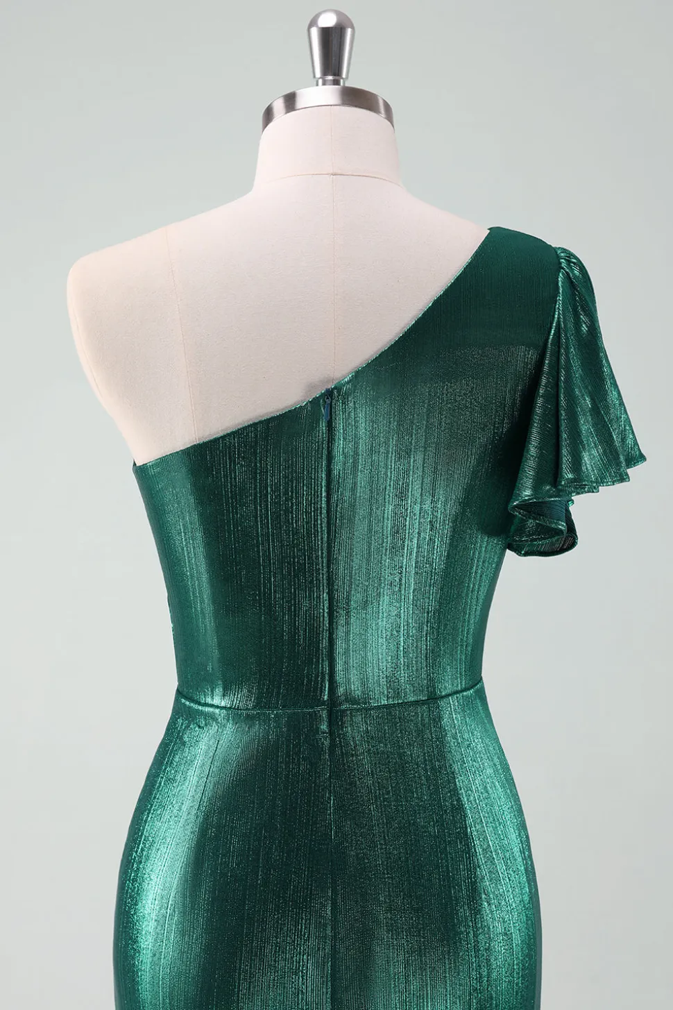 Verde escuro metálico um ombro sereia vestido de cocktail com babados