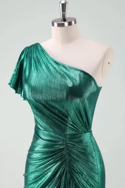 Verde escuro metálico um ombro sereia vestido de cocktail com babados