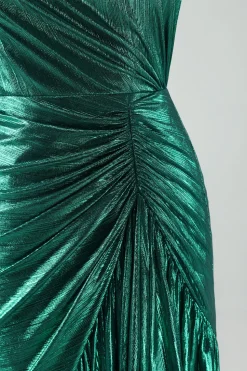 Verde escuro metálico um ombro sereia vestido de cocktail com babados