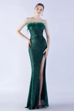 Verde escuro sem alças vestido formal bainha de lantejoulas com pena