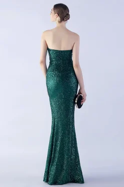 Verde escuro sem alças vestido formal bainha de lantejoulas com pena