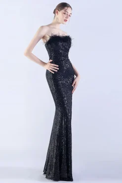 Verde escuro sem alças vestido formal bainha de lantejoulas com pena