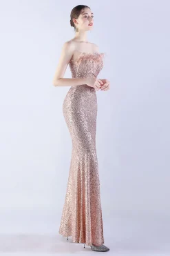 Verde escuro sem alças vestido formal bainha de lantejoulas com pena