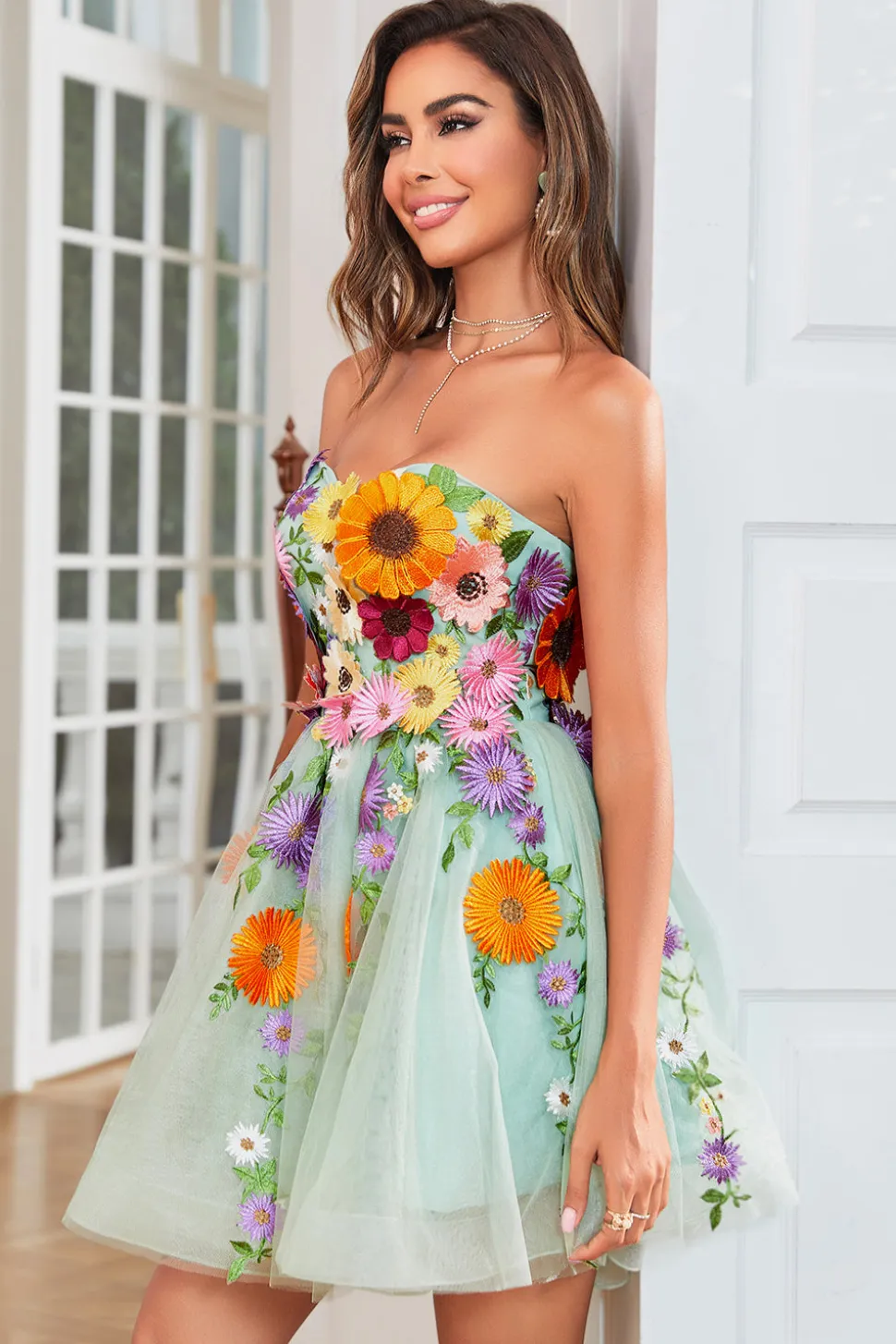 Verde Escuro Sem Cintas Vestido de Cocktail Com Flores 3D