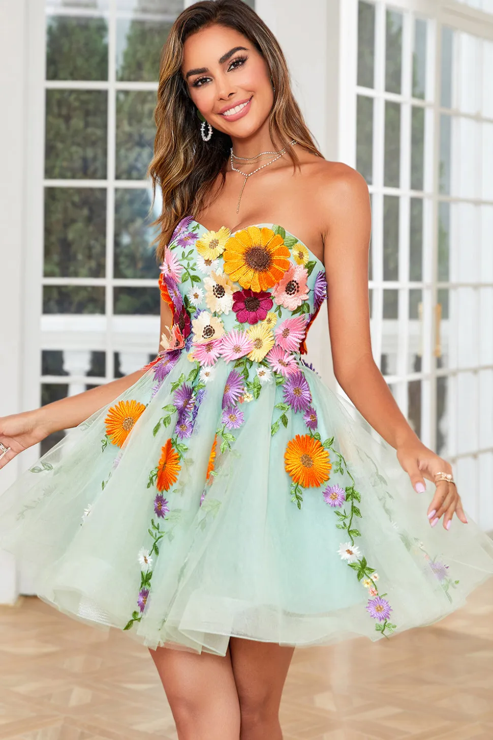 Verde Escuro Sem Cintas Vestido de Cocktail Com Flores 3D