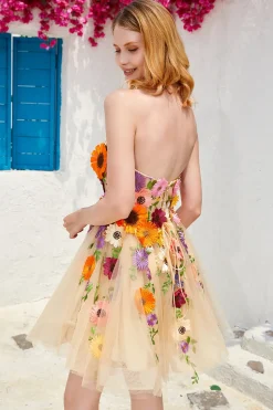 Verde Escuro Sem Cintas Vestido de Cocktail Com Flores 3D