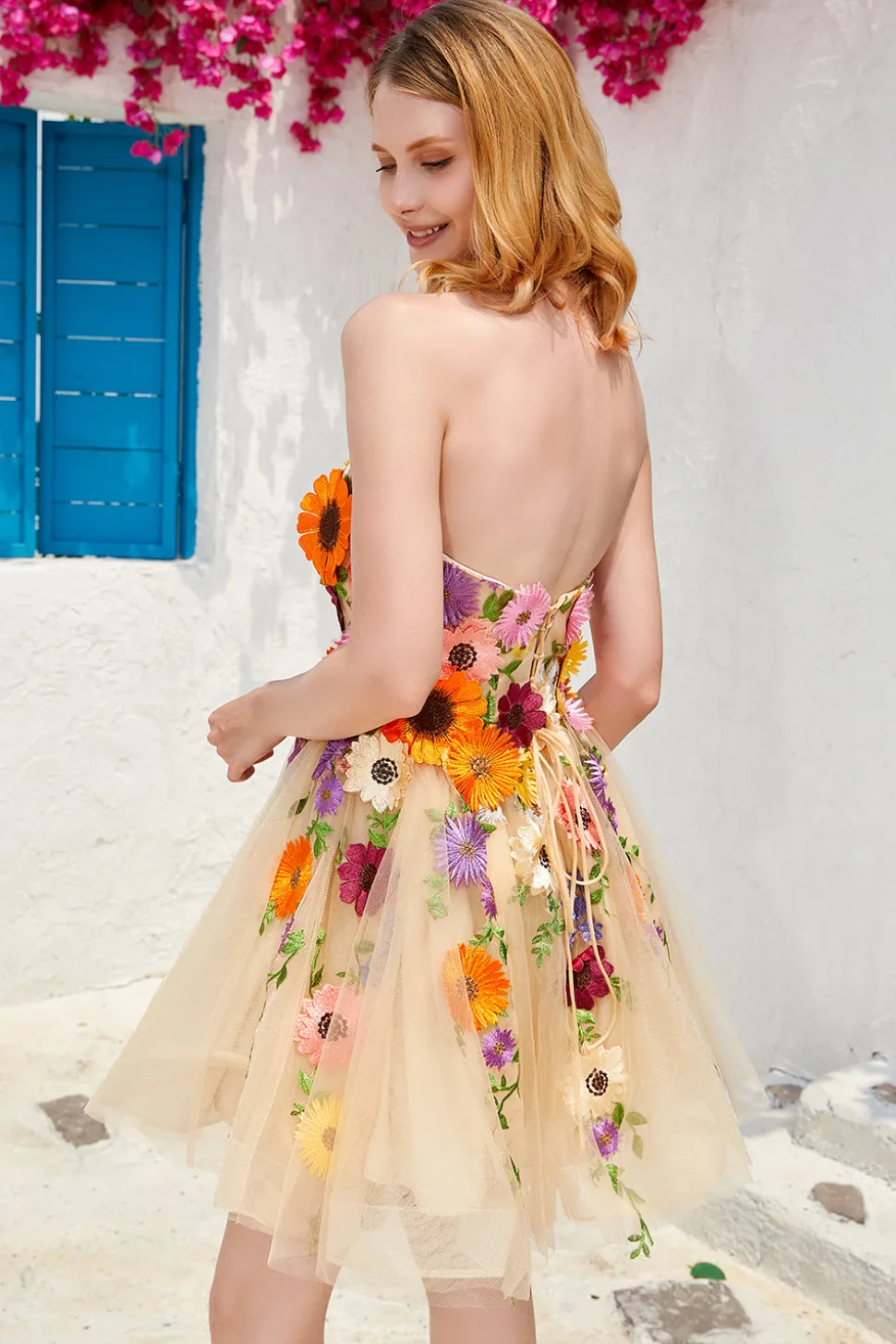 Verde Escuro Sem Cintas Vestido de Cocktail Com Flores 3D