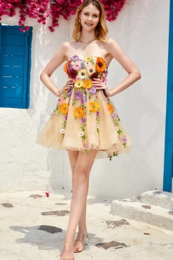 Verde Escuro Sem Cintas Vestido de Cocktail Com Flores 3D