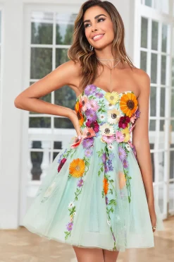 Verde Escuro Sem Cintas Vestido de Cocktail Com Flores 3D