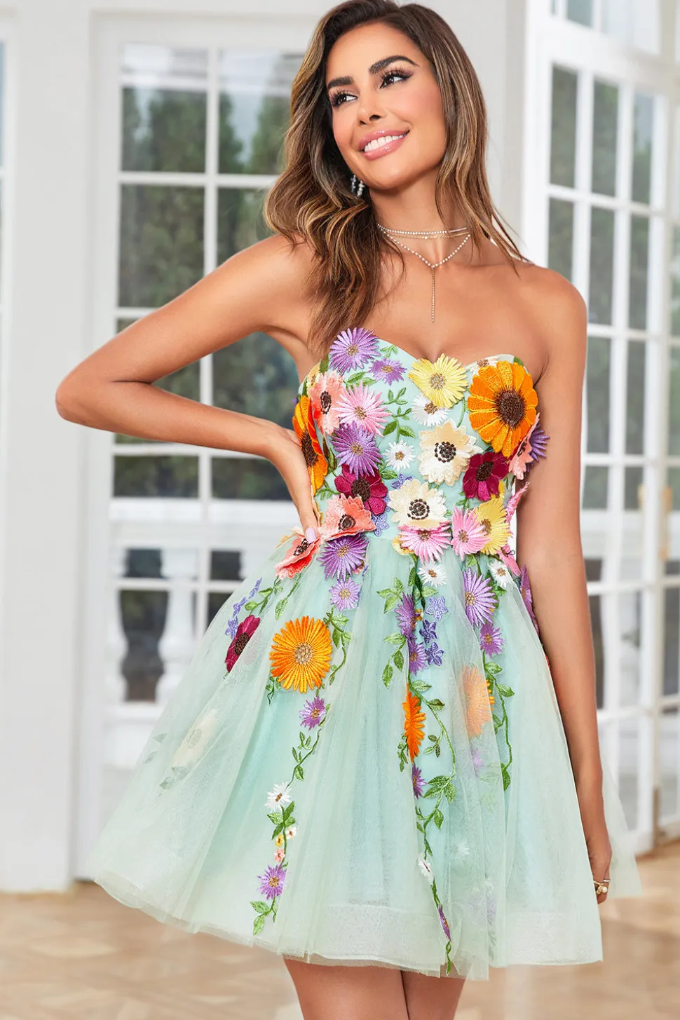 Verde Escuro Sem Cintas Vestido de Cocktail Com Flores 3D